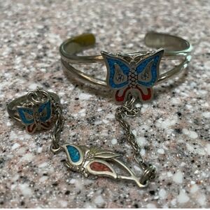 Vintage Southwestern Bracelet/Matching Ring w/ Crushed Coral & Turquoise